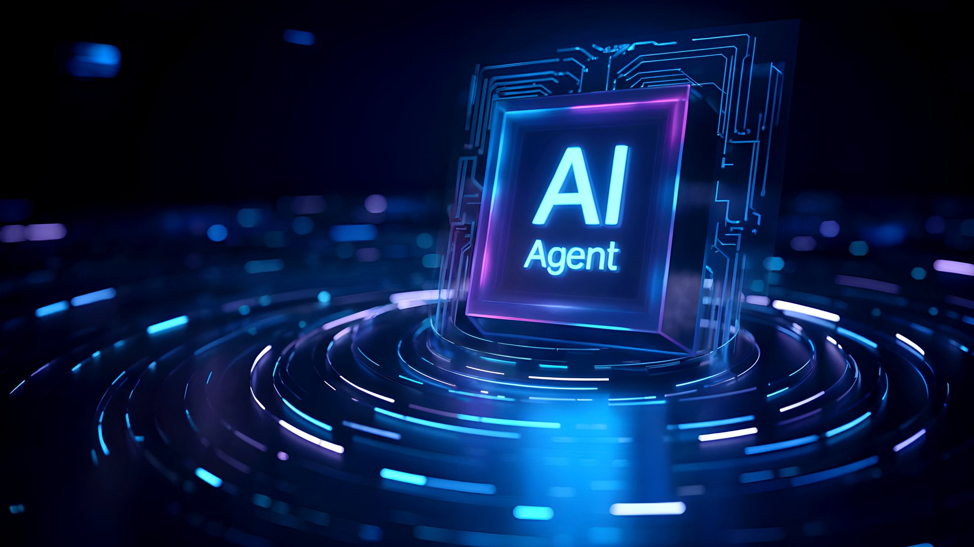 An autonomous AI Agent visualized as a glowing chip on a circular tech base — abstract representation of SALT's agent layer